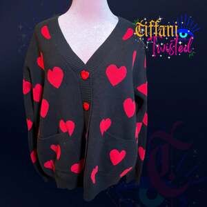 Dangerfield Black Cardigan Red Heart Print Button Front NWT Size 8